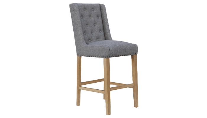 Button Back Bar Stool with Studs - Light Grey Fabric