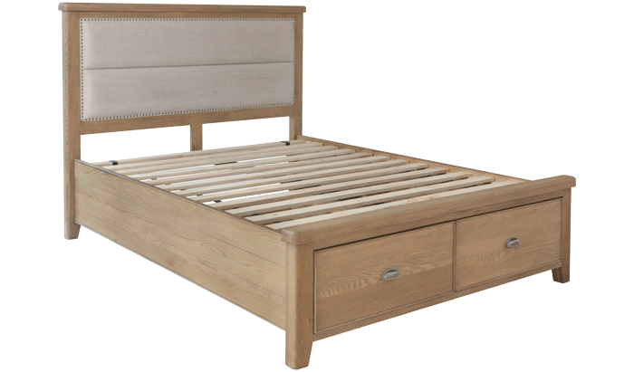 Double Bed Frame with Fabric Headboard and Drawer End